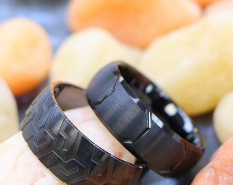 Tire Tread Ring, Black Wedding Band, Tire Ring, Engagement Rings, Tungsten Carbide Man Wedding Bands, Black Domed Bands Personalized Rings