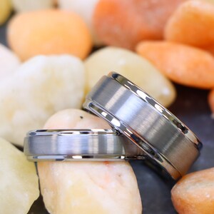 Tungsten Ring His and Hers, 8mm and 6mm Brushed Silver with Polished Edges, Tungsten Wedding Bands, Anniversary Gift, Couple Ring,