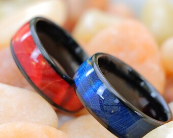 Men Women Tungsten Ring, 8mm Black IP Wood Tungsten Ring, Solidified Wood Dyed Burgundy Wood Ring, Azure Burl Wood Ring, Valentine Gift,