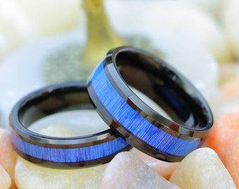 Unique Blue Dyed Bamboo Grain Fiber Inlay Promise Ring for Him Couple Engagement Ring Matching Rings Wood Couple Ring Christmas Gift for Him