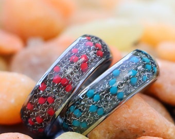 Chain Wedding Ring, 8mm Engagement Ring, Tungsten Wedding Bands, Domed Red Beads Cable Chains Inlay Tungsten Ring Personalized Promise Ring