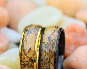 Men Women Tungsten Ring, 8mm Yellow Gold Tungsten Ring, Yellow Gold Glitter Cork Inlay Tungsten Rings Cork Ring Personalized Engraving Rings