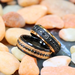 Mens Rose Gold Step Edge Black CZ Diamond Black Tungsten Ring, Raised Center Black Cz Diamond Ring, Black Stone Ring Band, Men&#39;s Black Ring