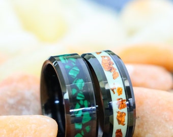 Comfort Fit Malachite Fragments Inlay Tungsten Engagement Ring for Men, Black Ring, Copper Scrap Inlay Tungsten Wedding Band Valentine Gift