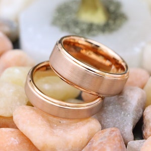 His and Hers Ring, Personalize Rose Gold IP Plated Tungsten Rings, Anniversary Rings, Couples Ring, Men&#39;s and Women&#39;s Rose Gold Wedding Band