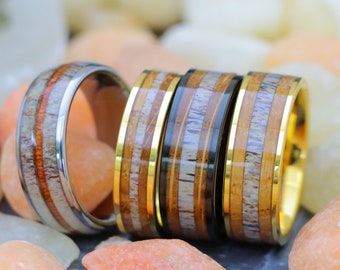 Yellow Gold Tungsten Wood Ring, Antler Wood Wedding Ring Whiskey Barrel Deer Antler Ring Man Woman Wedding Band Personalized Ring for Couple