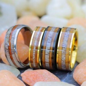 Yellow Gold Tungsten Wood Ring, Antler Wood Wedding Ring, Whiskey Barrel Deer Antler Ring, Man Woman Wedding Band Engagement Ring, Gift