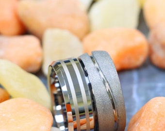 Domed Style Sandstone Finished Rough Surface Wedding Band 8mm Tungsten Ring with Swirl Design Inlay Engraved Engagement Ring Valentine Gift,