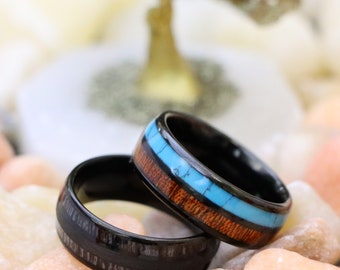 Black Tungsten Ring with Exotic Dark Gray Charcoal Colored Wood Inlay Wedding Band, Engagement Ring Turquoise Wedding Band Christmas Gift
