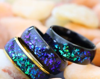 Galaxy Opal Wedding Rings, Tungsten Wedding Bands, Black Wedding Ring, Blue Green Opal Abalone Inlay Promise Ring for Him, Engagement Rings