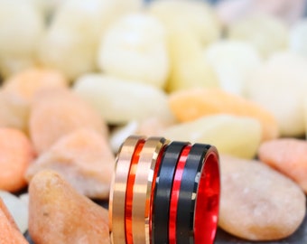 Tungsten Wedding Band, Black Tungsten Band, 8mm Red Tungsten Ring, Women's Ring Orange Tungsten Anniversary Ring Personalized Promise Ring