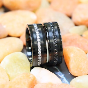 Black Tungsten Wedding Band, Black Cubic Zirconia Wedding Ring, Men&#39;s Engagement Ring CZ, Men&#39;s Band Brushed 8mm Anniversary Ring Groom Ring