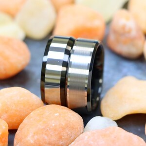 Two-tone Black IP Plated Brushed Center Beveled Edge Tungsten Ring, Custom Engraved Personalized Ring Tungsten Anniversary Ring Gift for Him
