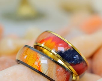Multiple Color Dyed Rosewood Inlay Dome Gold Tungsten Ring for Him, Engagement Ring, Yellow Gold Men's Ring Personalized Engraving Rings,