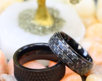 Black Tungsten Ring with Unique Leopard Footprint Pattern, Tungsten Ring Black, Parallelogram Design Center Straight Ring Valentine Gift,