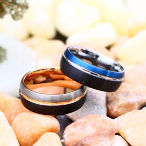 Black Blue Silver Groove Tungsten Rings Tungsten Wedding Ring Rose Gold Tungsten Wedding Bands Anniversary Ring Black Tungsten Promise Ring