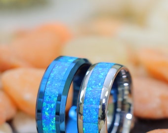 Men's Engagement Ring Opal Wedding Band, Tungsten Wedding Ring, High Polish Silver Tungsten Ring, Blue Opal Inlay Ring, Custom Gift for Him