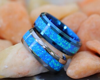 Mens Engagement Ring Opal Wedding Band Tungsten Wedding Ring High Polish Silver Tungsten Ring Blue Opal Inlay Promise Ring Opal Wedding Ring