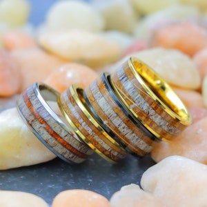 Yellow Gold Tungsten Wood Ring, Antler Wood Wedding Ring, Whiskey Barrel Deer Antler Ring, Man Woman Wedding Band Engagement Ring for Couple