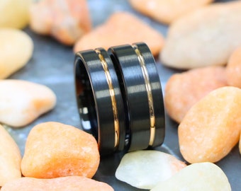 Black Wedding Band, Rose Gold Inlay Pipe Cut Couple Ring Tungsten, Tungsten Wedding Ring, Black And Rose Gold Anniversary Band Matching Ring
