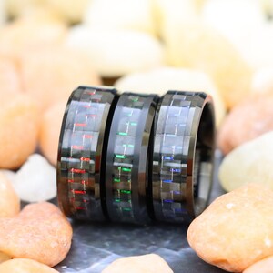Black Mens Tungsten Blue Carbon Fiber Inlay Anniversary Ring, Green & Black Carbon Fiber Inlay Wedding Ring, Men&#39;s Tungsten Ring, Groom Ring