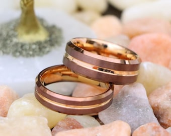 Wedding Ring for Men, Match His and Hers Coffee & Rose Gold Tungsten Bands, Wedding Band, Rose Gold Engagement Ring, Promise Ring For Couple