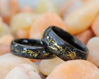 Dome Wedding Ring Meteorite, 6mm - 8mm Dome Black Wedding Ring Meteorite, Gold Color Meteorite Inlay, Men's Tungsten Wedding Band for Couple