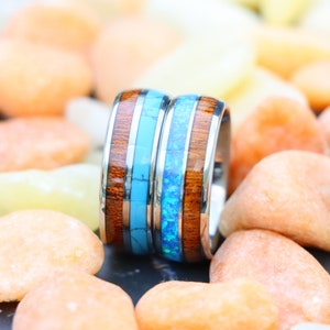 Turquoise & Koa Wood Wedding Band Ring, Tungsten Wedding Ring, Opal Wedding Ring, Wood and  Blue Opal Inlay, Men&#39;s Tungsten Engagement Bands