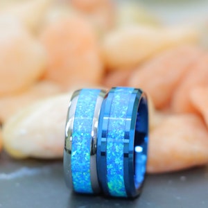 Men&#39;s Engagement Ring, Opal Wedding Band, Tungsten Wedding Ring, High Polish Silver Ring, Blue Opal Inlay Promise Ring, Christmas Gift,
