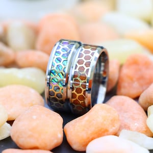 Honeycomb Pattern Wood Inlay Tungsten Engagement Ring, Opal Tungsten Ring , Mens and Womens Tungsten Ring, Mens Unique Wood Anniversary Ring