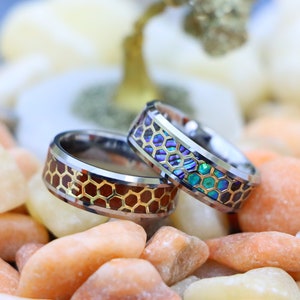 Men&#39;s Honeycomb Ring, Abalone Ring, 8mm Men&#39;s Tungsten Wedding Bands, Honeycomb Pattern Inlay Tungsten Ring, Rosewood Inlay Engagement Rings