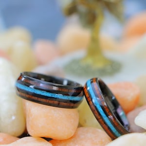 Koa Wood Inlay Wedding Ring, Turquoise Wood Inlay Wedding Band, Unique Men&#39;s Women&#39;s Ring, Wooden Anniversary Ring, Tungsten Ring for Couple