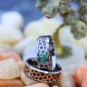 Men&#39;s Honeycomb Ring, Abalone Ring, 8mm Men&#39;s Tungsten Wedding Bands, Honeycomb Pattern Inlay Tungsten Ring, Rosewood Inlay Engagement Rings