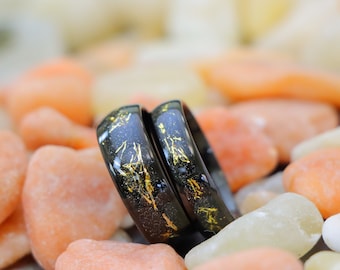 Dome Wedding Ring Meteorite, 6mm - 8mm Dome Black Wedding Ring Meteorite, Gold Color Meteorite Inlay, Men's Tungsten Wedding Band for Couple