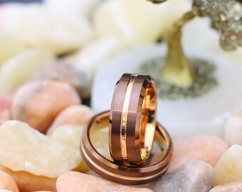 Wedding Ring for Men, Match His and Hers Coffee & Rose Gold Tungsten Bands, Wedding Band, Rose Gold Engagement Ring, Promise Ring For Couple