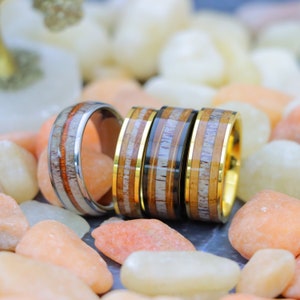 Yellow Gold Tungsten Wood Ring, Antler Wood Wedding Ring, Whiskey Barrel Deer Antler Ring, Man Woman Wedding Band Engagement Ring for Couple