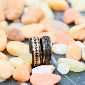 Mens Rose Gold Step Edge Black CZ Diamond Black Tungsten Ring, Raised Center Black Cz Diamond Ring, Black Stone Ring Band, Men&#39;s Black Ring