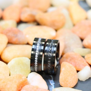 Black Tungsten Matte Brush Center Black CZ Eternity Wedding Ring, Men&#39;s Tungsten Engagement Rings, Wedding Rings, 8mm Tungsten Carbide Ring