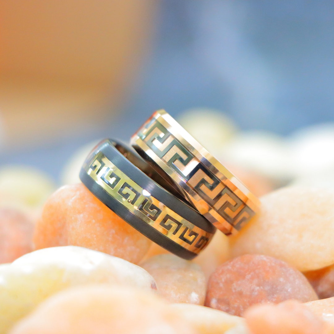 Black Tungsten Rings Greek Key Inlay Engraved Ring Men Women Tungsten ...