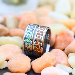 Men&#39;s Honeycomb Ring, Abalone Ring, 8mm Men&#39;s Tungsten Wedding Bands, Honeycomb Pattern Inlay Tungsten Ring, Rosewood Inlay Engagement Rings