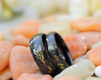 Dome Wedding Ring Meteorite, 6mm - 8mm Dome Black Wedding Ring Meteorite, Gold Color Meteorite Inlay, Men's Tungsten Wedding Band for Couple