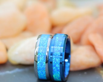 Mens Engagement Ring Opal Wedding Band Tungsten Wedding Ring High Polish Silver Tungsten Ring Blue Opal Inlay Promise Ring Opal Wedding Ring