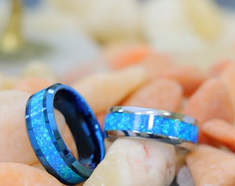Mens Engagement Ring Opal Wedding Band Tungsten Wedding Ring High Polish Silver Tungsten Ring Blue Opal Inlay Promise Ring Opal Wedding Ring