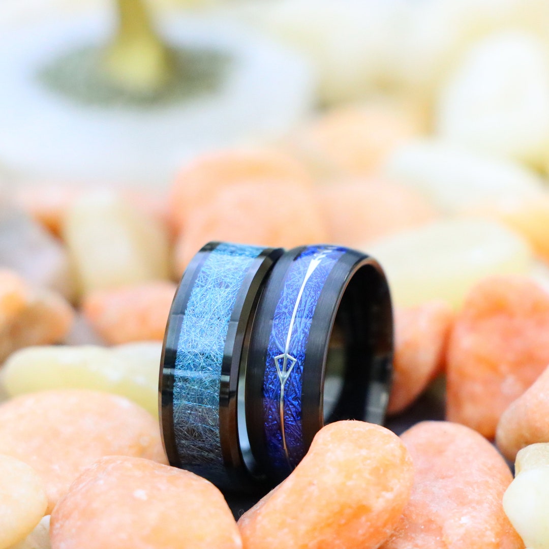 8mm Arrow Inlay Blue Meteorite Tungsten Wedding Band, Silk Inlay ...