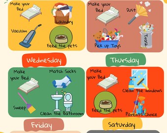 May include: A colorful weekly chore chart with illustrations for each day. Tasks include making the bed, laundry, vacuuming, feeding pets, picking up toys, dusting, cleaning windows, and cleaning the bathroom. The chart is titled "My Weekly CHORES".