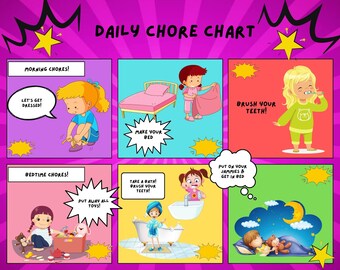 May include: A colorful chart with illustrations of children completing daily chores. The chart is divided into two sections: "Morning Chores!" and "Bedtime Chores!"  The morning chores include getting dressed, making the bed, and brushing teeth. The bedtime chores include putting away toys, taking a bath, brushing teeth, putting on pajamas, and getting into bed.