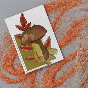 Watercolor boletus postcard – Autumn mushroom illustration – A6 reproduction – Retro nature cottagecore style – Plant gift idea