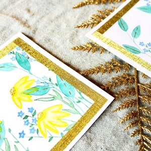 Carte double aquarelle originale peint à la main œuvre unique myosotis pâquerettes dorure Carte amour Peinture originale cadeau pour mamies