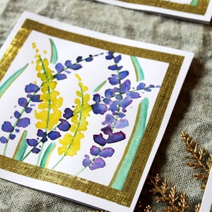 Carte double aquarelle originale peint à la main œuvre unique fleur lupin dorure cadeau fête carte d'amour Peinture originale fête mamies