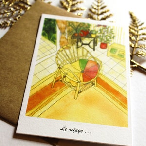 Decorative watercolor postcard reproduction handmade rattan armchair Love card Illustration Gift idea retro yellow polaroid photo